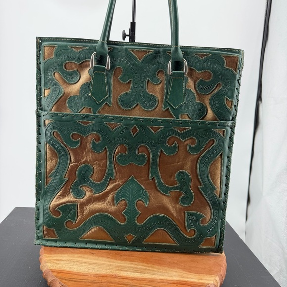 JL Saldivar leather hand tooled shoulder tote bag teal bronze - Picture 2 of 16